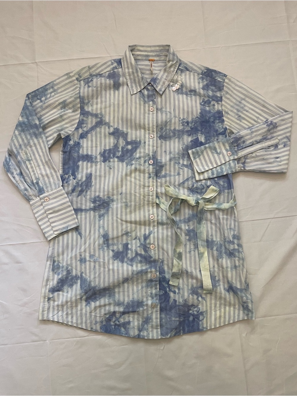 Free People XS Blue Tie Dye Striped Button Down Shirt Dress Belted